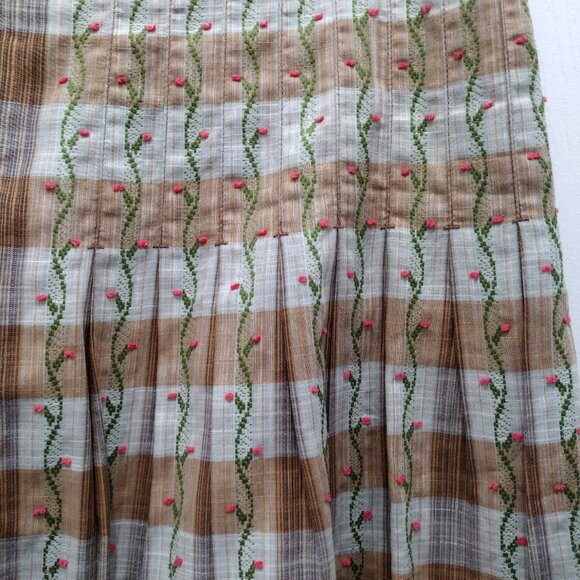 Free People Pleated Plaid Skirt Size 12 Floral Embroidered Cotton Boho Cottageco - Picture 5 of 10